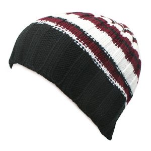 Stickad mössa / beanie med ränder – Svart / vit / röd